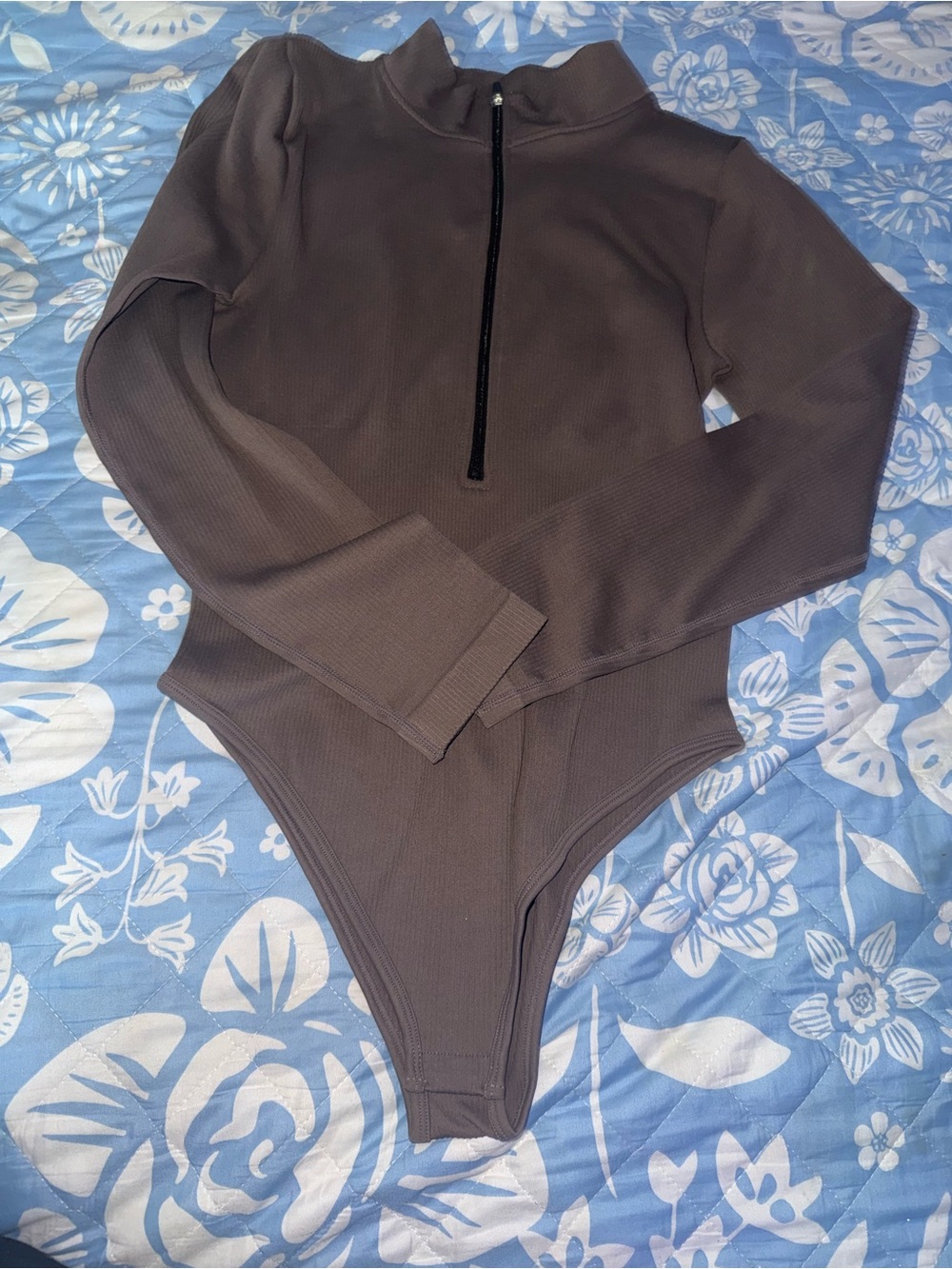 Ribbed Long Sleeve Zip-Front Bodysuit - Taupe